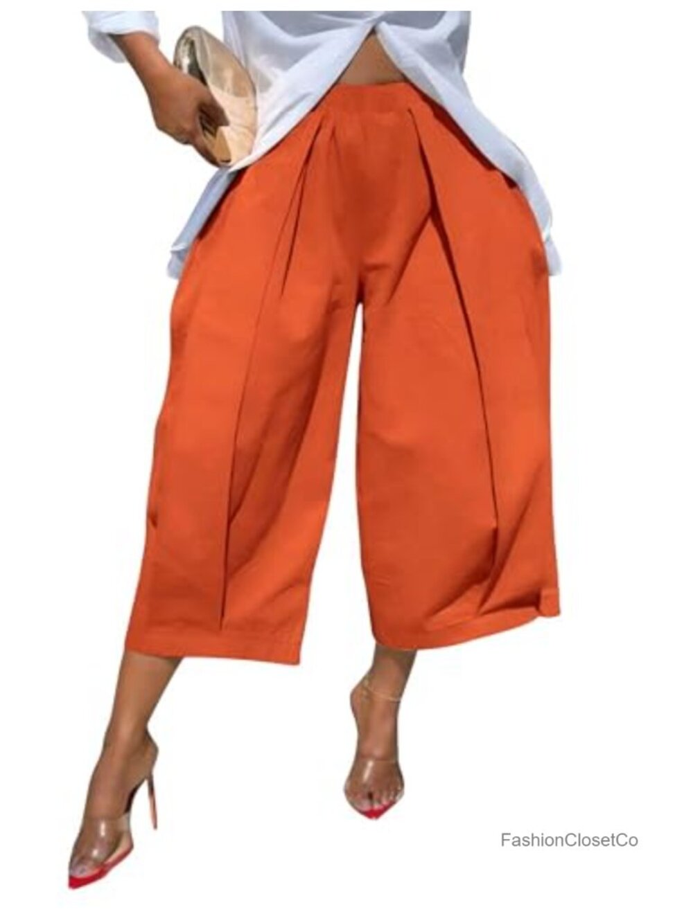 High Waisted Wide Leg Cropped Palazzo Pants with Pockets Casual
